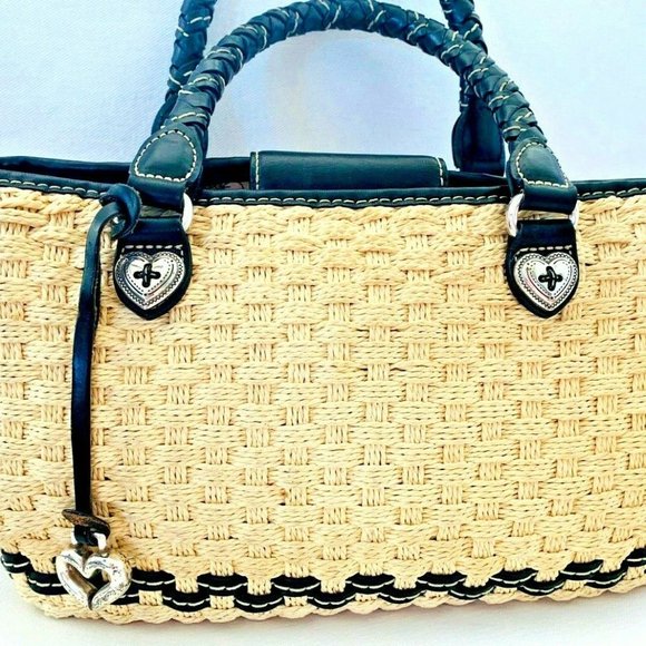 Brighton Woven Cream & Black Straw Leather Tote - Picture 1 of 6